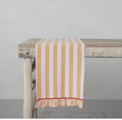 Woven Cotton Striped Table Runner w/ Ruffle &amp; Ric Rac Trim - Salt &amp; Creek
