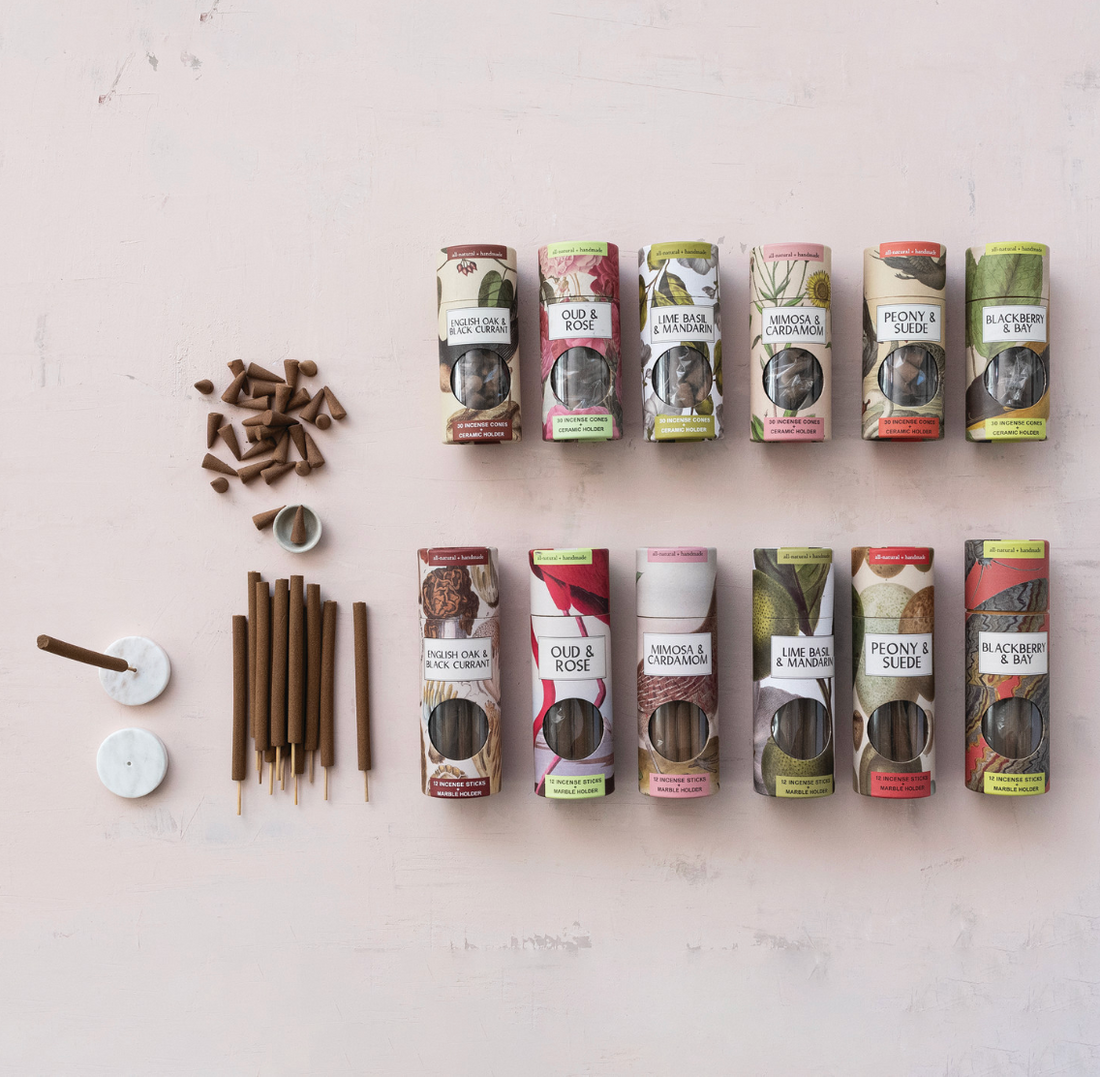 30 Piece Blackberry &amp; Bay Scented Incense Cones with Ceramic Incense Holder, Set of 31 - Salt &amp; Creek