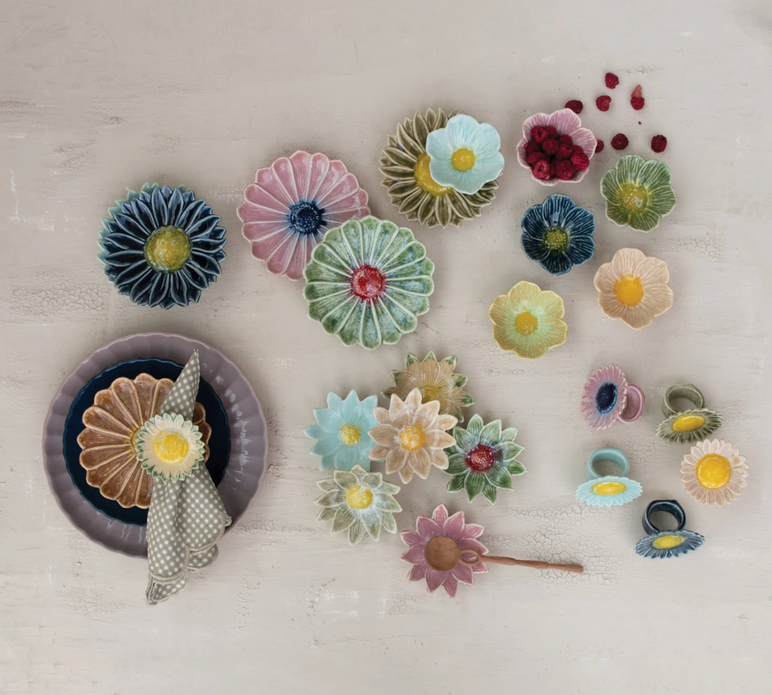 Stoneware Flower Shaped Bowl, Reactive Glaze, 6 Colors (Each One Will Vary) - Salt &amp; Creek