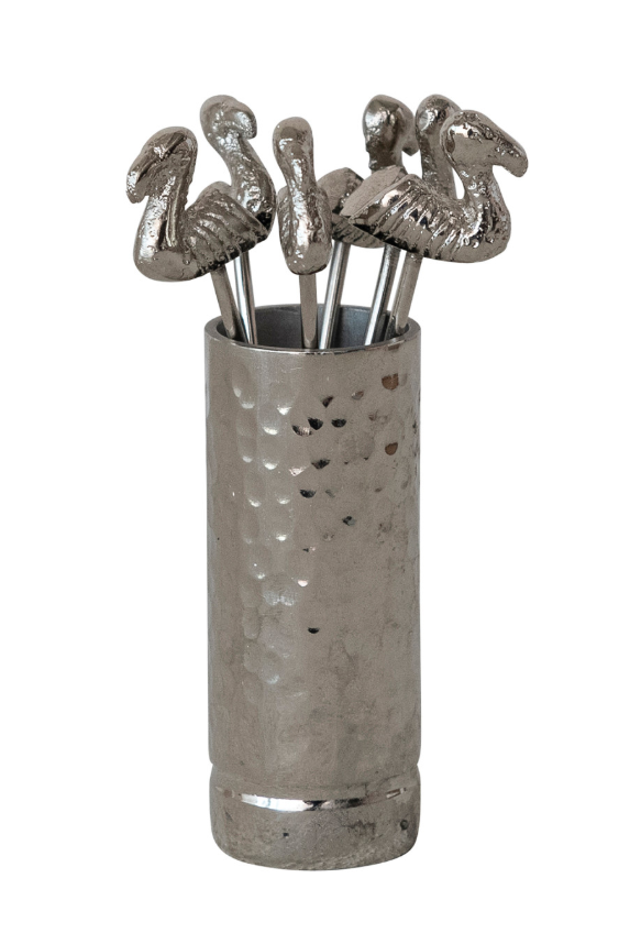 Holder with (6) Appetizer Picks with Flamingo Handles, Boxed Set of 7 - Salt &amp; Creek