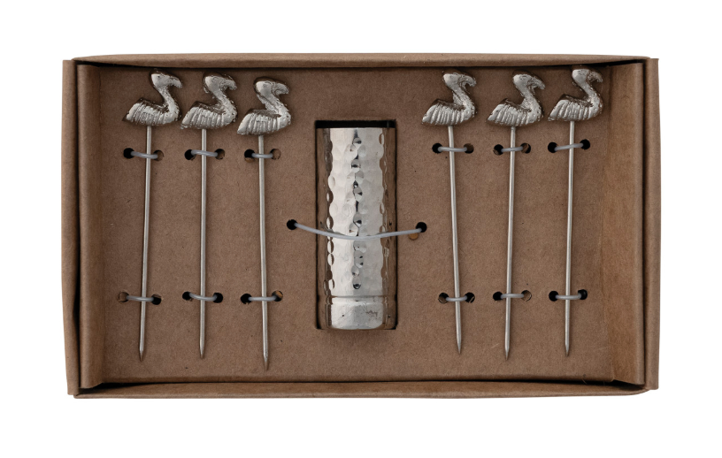 Holder with (6) Appetizer Picks with Flamingo Handles, Boxed Set of 7 - Salt &amp; Creek