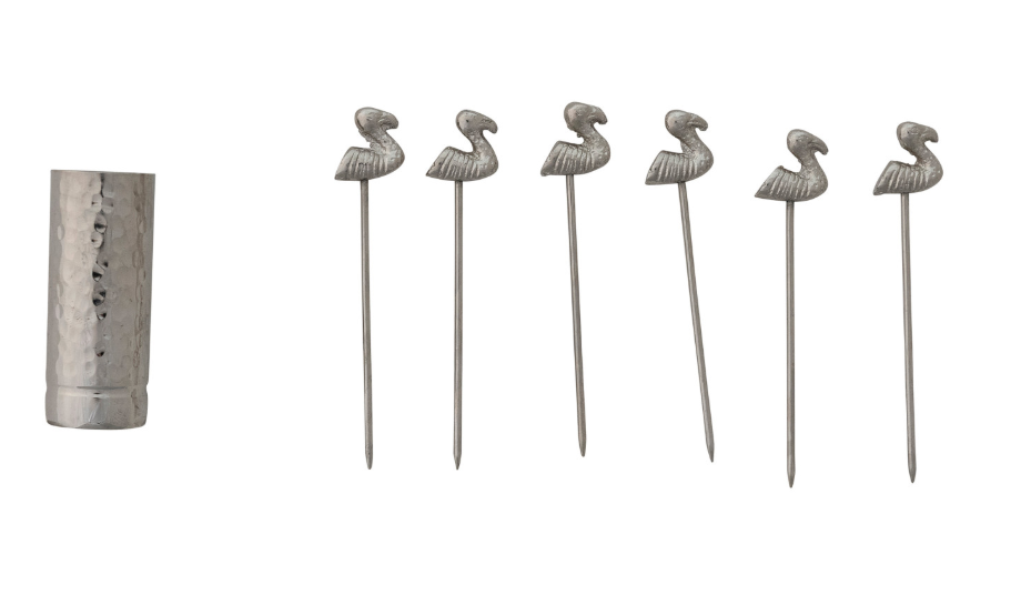 Holder with (6) Appetizer Picks with Flamingo Handles, Boxed Set of 7 - Salt &amp; Creek