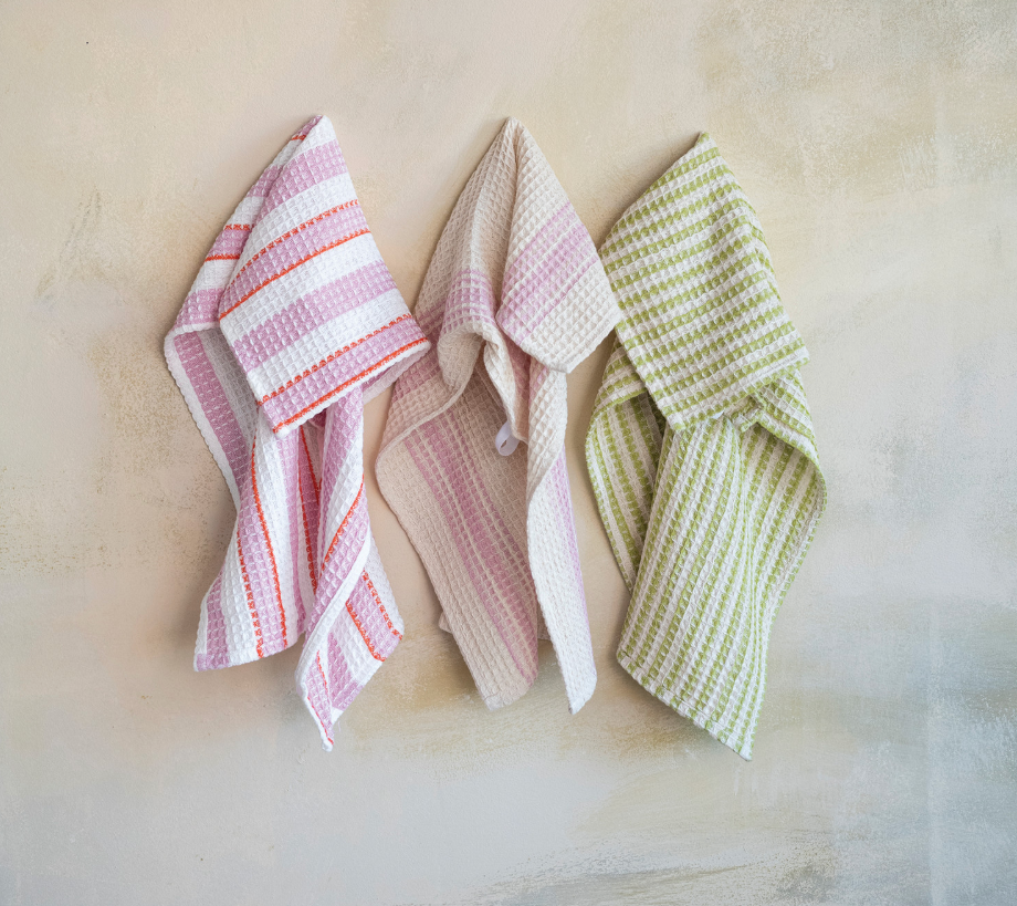 Cotton Waffle Weave Tea Towel with Stripes
