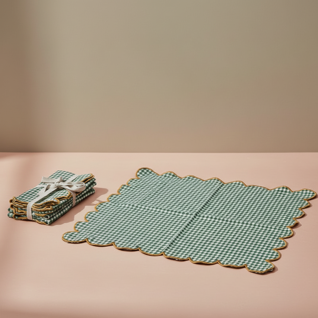 Cotton Scalloped Napkins with Contrasting Stitched Edges, Set of 4 Tied with Cotton Tape - Salt &amp; Creek