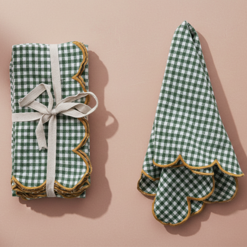 Cotton Scalloped Napkins with Contrasting Stitched Edges, Set of 4 Tied with Cotton Tape - Salt &amp; Creek