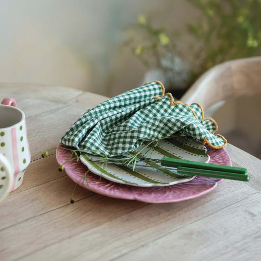 Cotton Scalloped Napkins with Contrasting Stitched Edges, Set of 4 Tied with Cotton Tape - Salt &amp; Creek