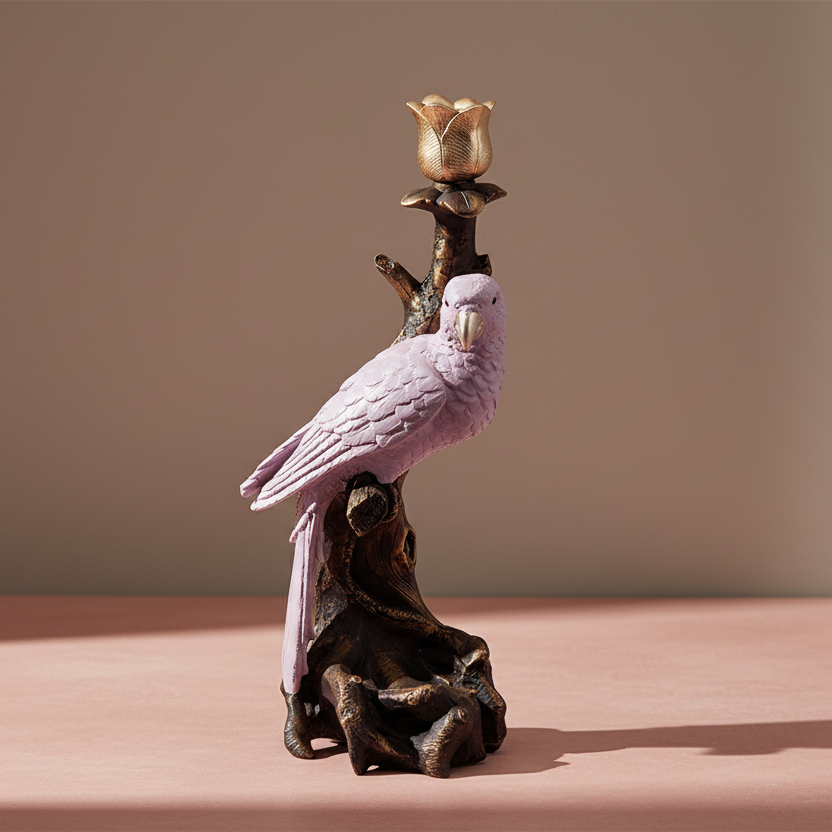 6-1/2"L x 6"W x 16"H Resin Taper Holder with Parrot on Branch, Antique Gold Finish &amp; Pink - Salt &amp; Creek