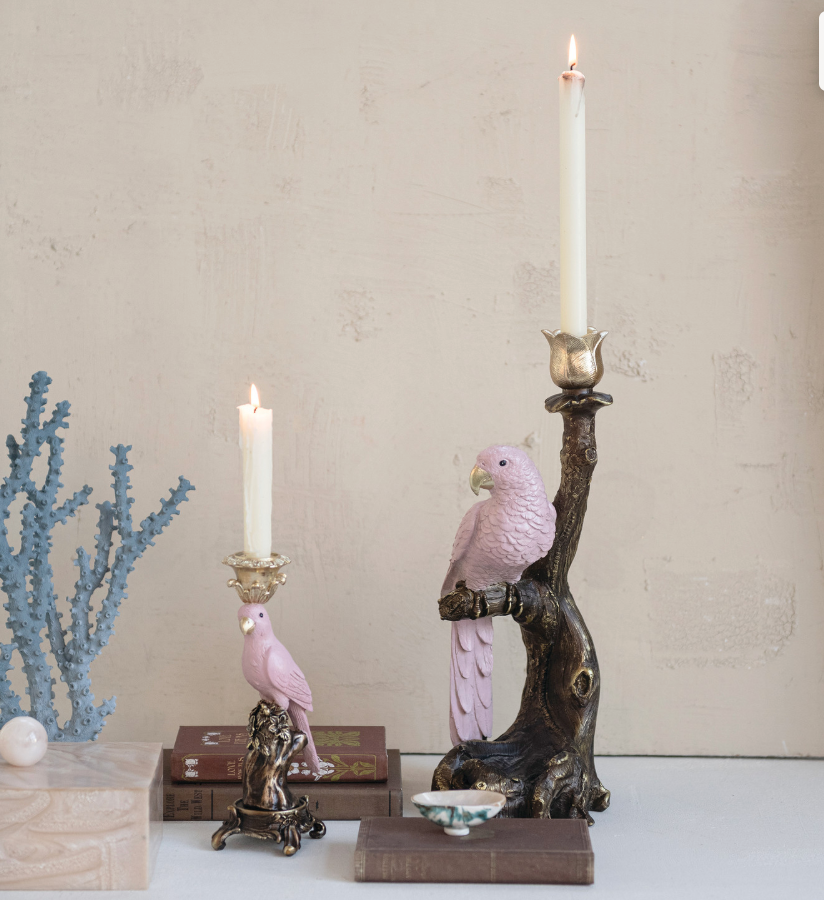 6-1/2"L x 6"W x 16"H Resin Taper Holder with Parrot on Branch, Antique Gold Finish &amp; Pink - Salt &amp; Creek