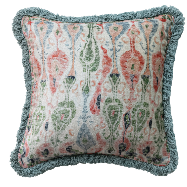 12" Square Cotton Velvet Pillow with Pattern &amp; Eyelash Fringe - Salt &amp; Creek