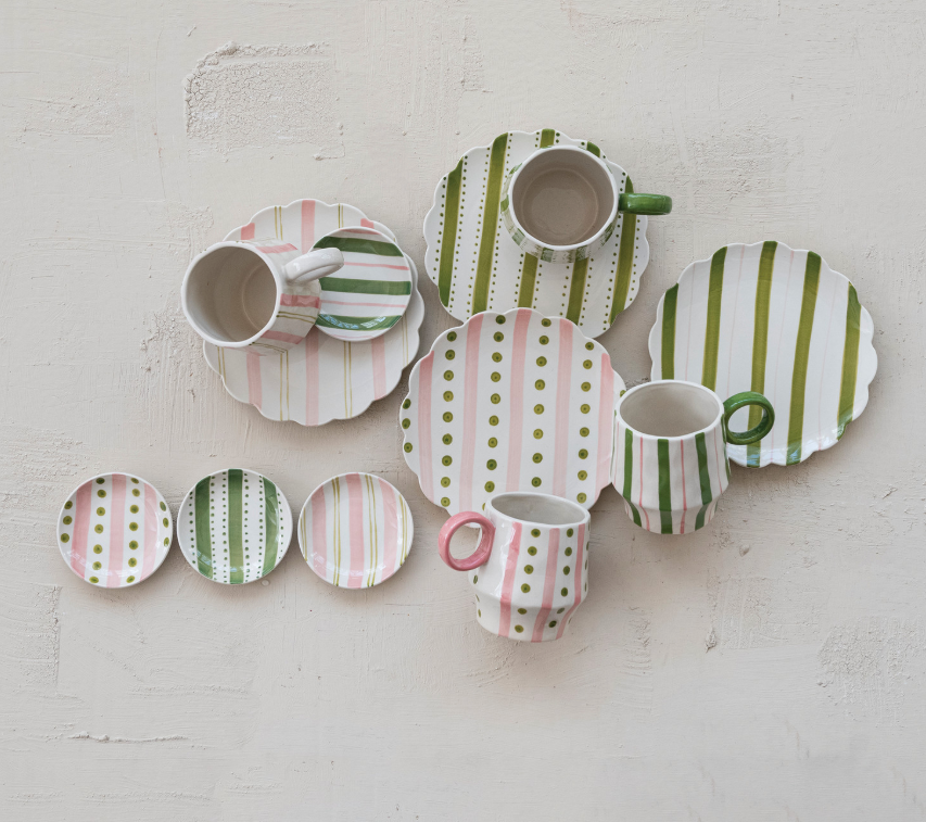 Hand-Painted Stoneware Scalloped Plate with Striped Pattern, 4 Styles - Salt &amp; Creek