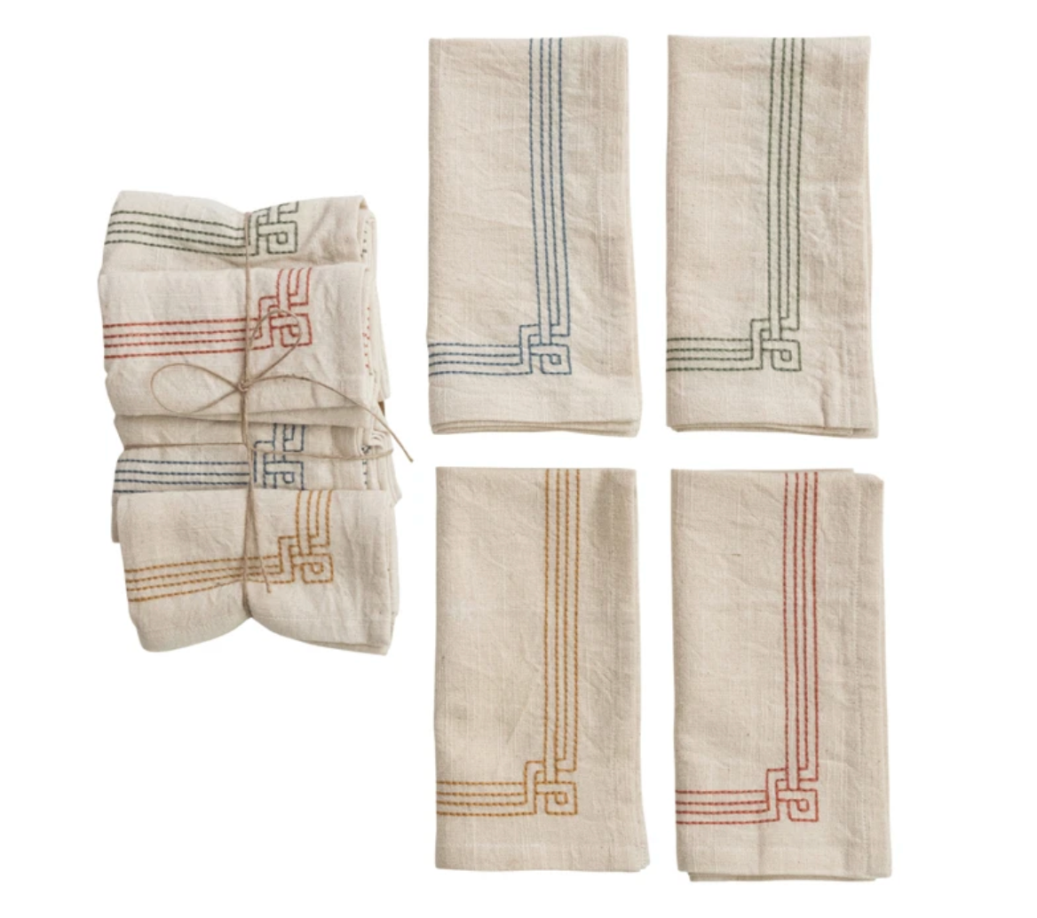 Cotton Napkins w/ Embroidery, Set of 4 Tied w/ Jute