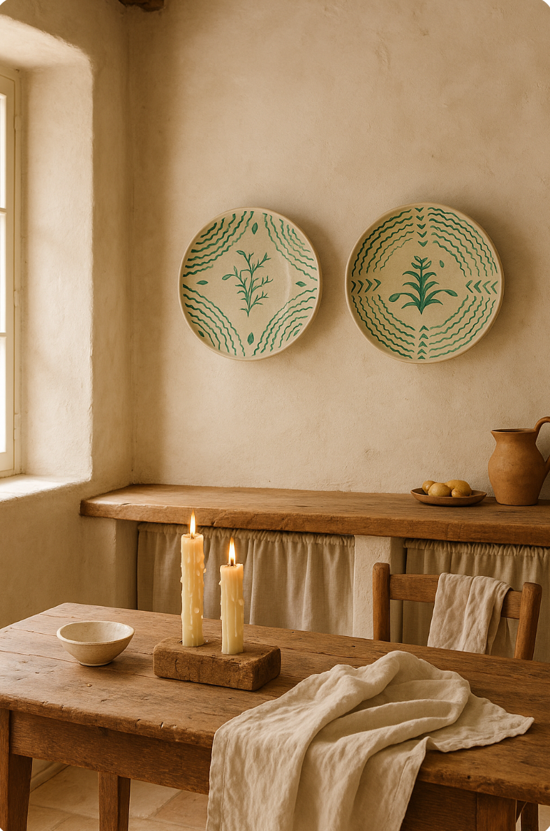 Dining room with wooden table, candles, and decorative plates on a beige wall.