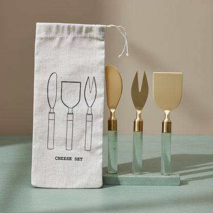 Stainless Steel Cheese Utensils w/ Resin Handles, Set of 3 in Printed Drawstring Bag - Salt &amp; Creek