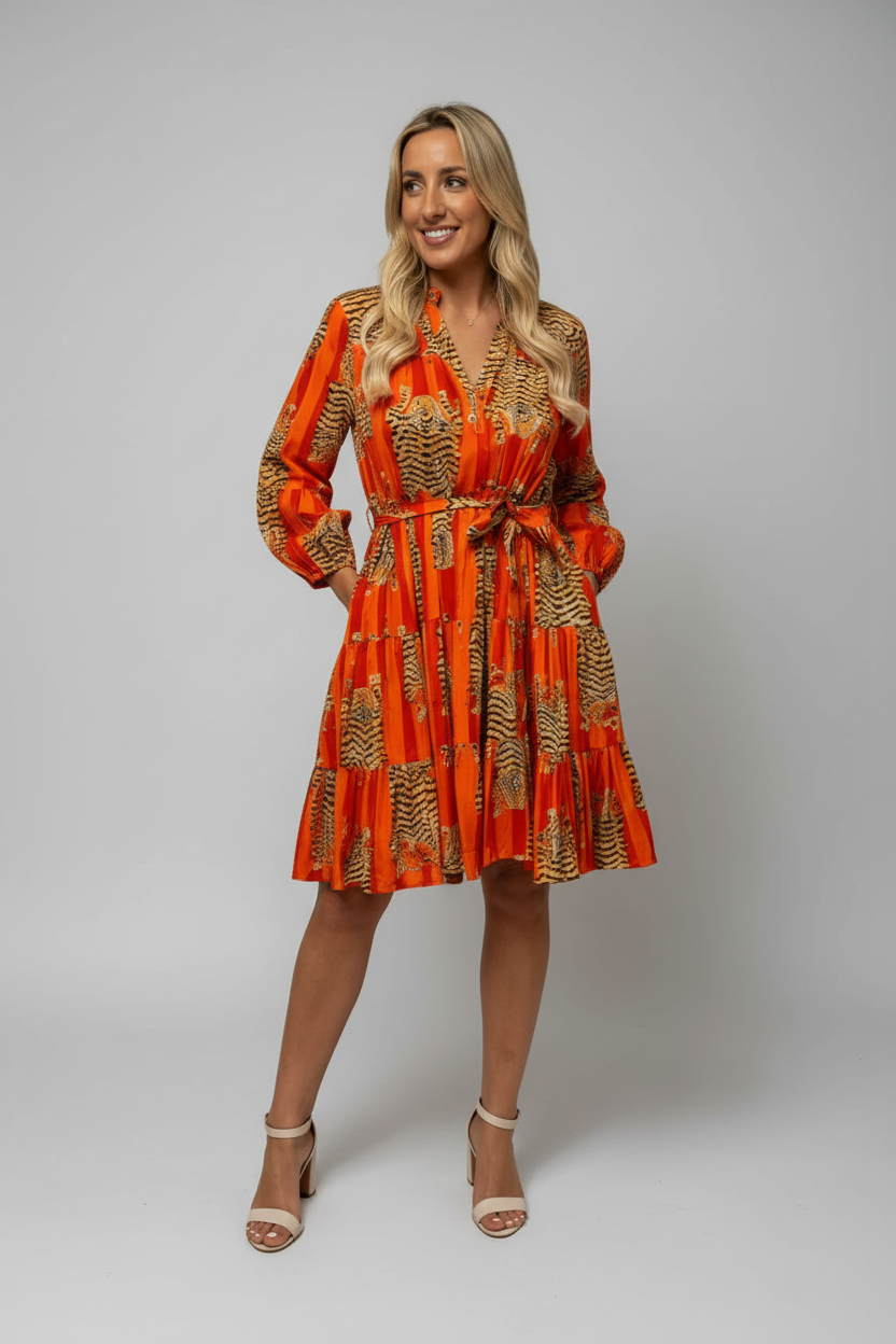 Tiger Stripe Ruffle Midi Dress