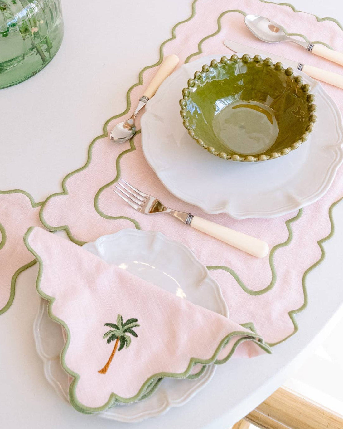 Wavy Napkin, Baby Pink with Palm Green - Salt &amp; Creek