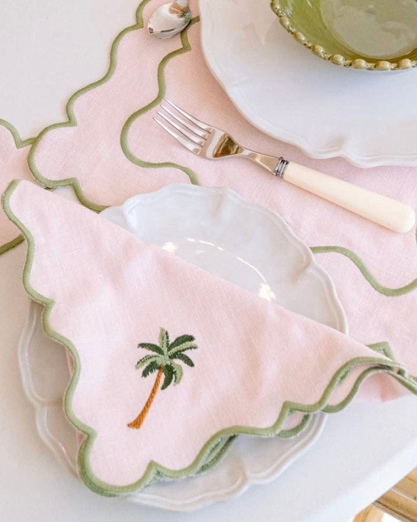 Baby Pink Wavy Napkin with Green Palm Tree Detail