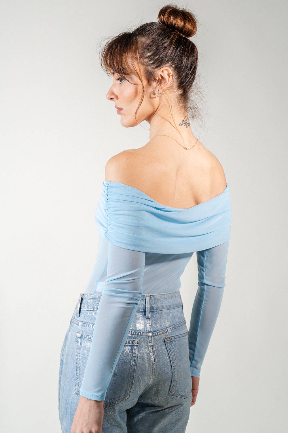 RUCHED OFF SHOULDER LONG SLV MESH BODYSUIT- PD6466FO - Salt &amp; Creek