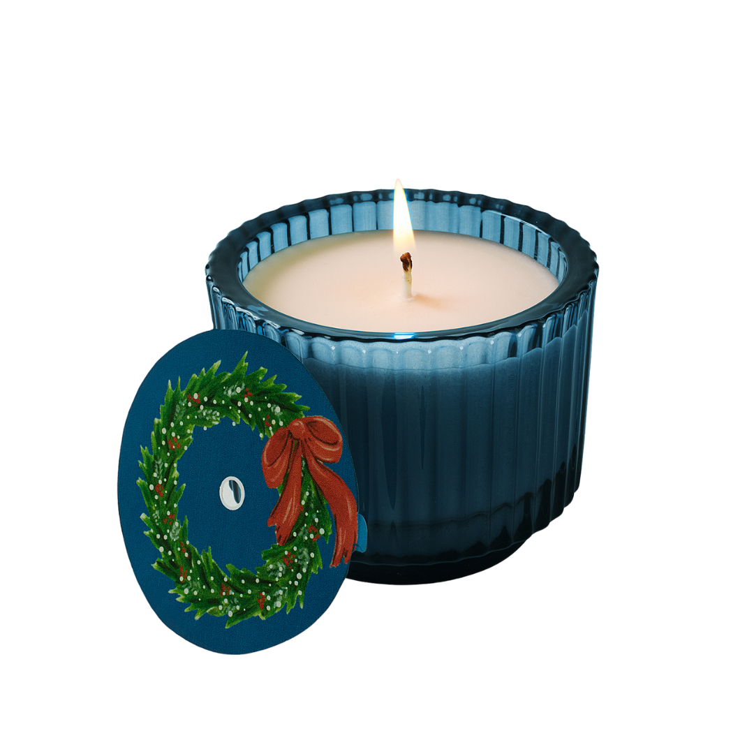 Home for the Holidays Roland Pine 6 oz Blue Single-Wick Ribbed Glass Candle