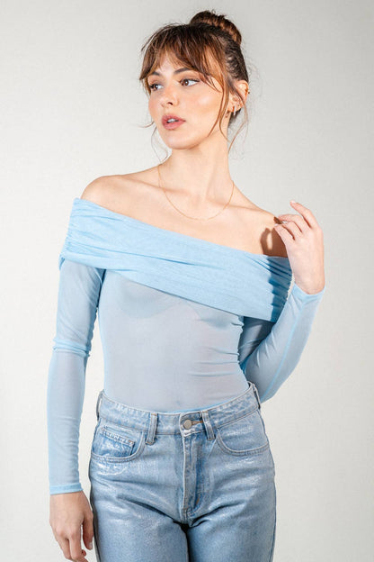 RUCHED OFF SHOULDER LONG SLV MESH BODYSUIT- PD6466FO - Salt &amp; Creek