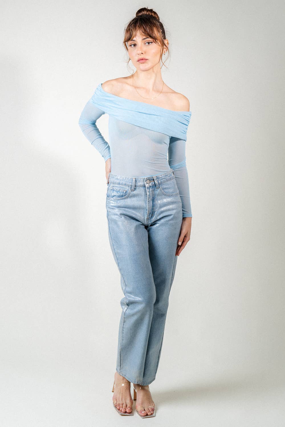 RUCHED OFF SHOULDER LONG SLV MESH BODYSUIT- PD6466FO - Salt &amp; Creek
