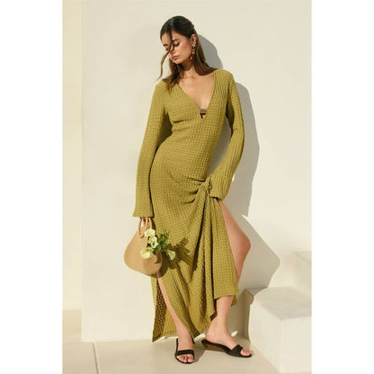 Ecru Escape Gold Trim Bell Sleeve Maxi Dress - Salt &amp; Creek