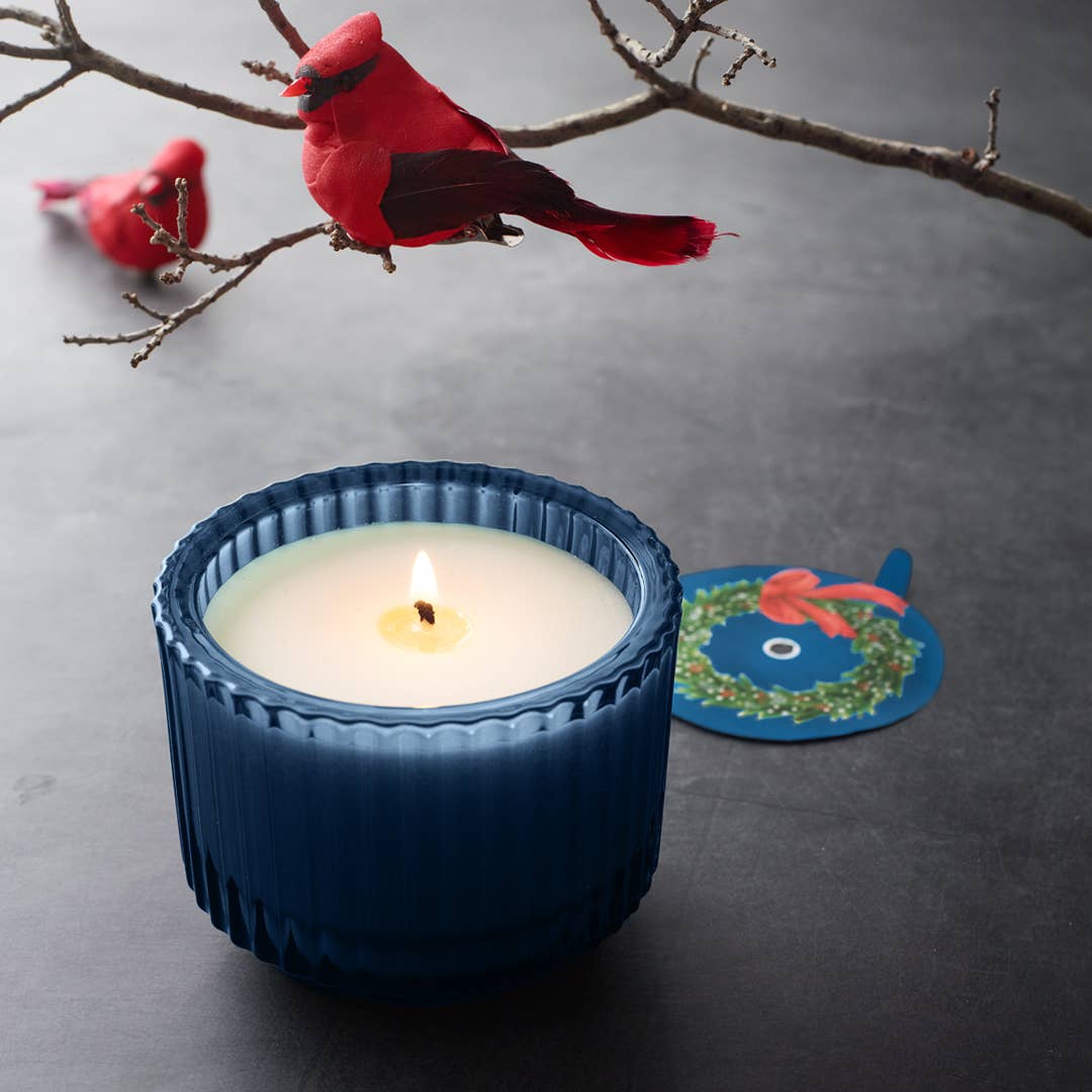 Home for the Holidays Roland Pine 6 oz Blue Single-Wick Ribbed Glass Candle