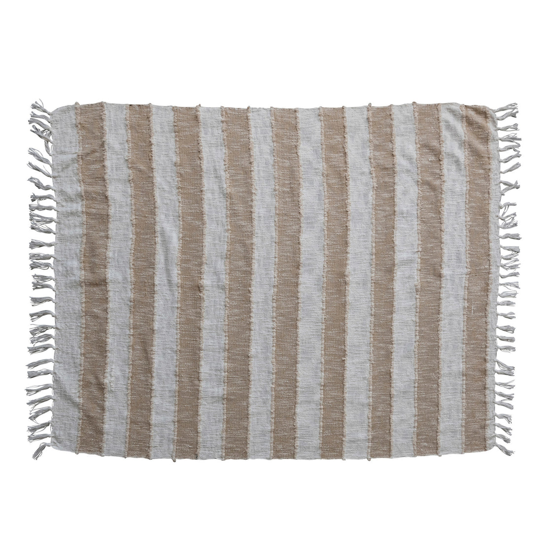 Woven Cotton Throw w/ Stripes &amp; Fringe, Tan Color &amp; Natural