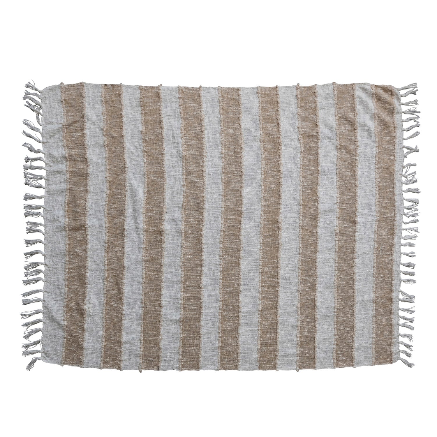 Woven Cotton Throw w/ Stripes &amp; Fringe, Tan Color &amp; Natural