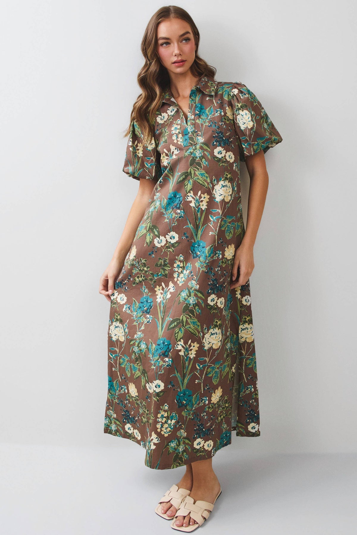 Floral Puff Sleeve Collared Midi Dress - Salt &amp; Creek