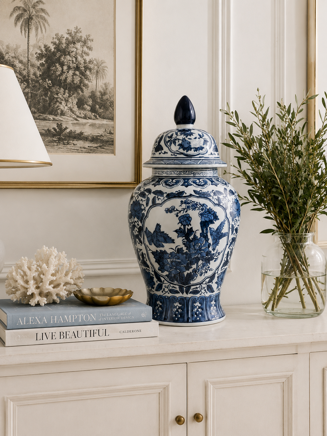 Tall Blue Flowers Temple Jar
