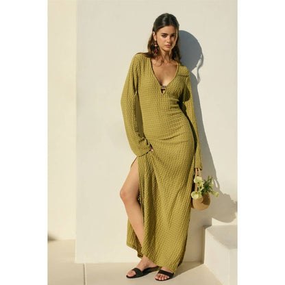 Ecru Escape Gold Trim Bell Sleeve Maxi Dress - Salt &amp; Creek