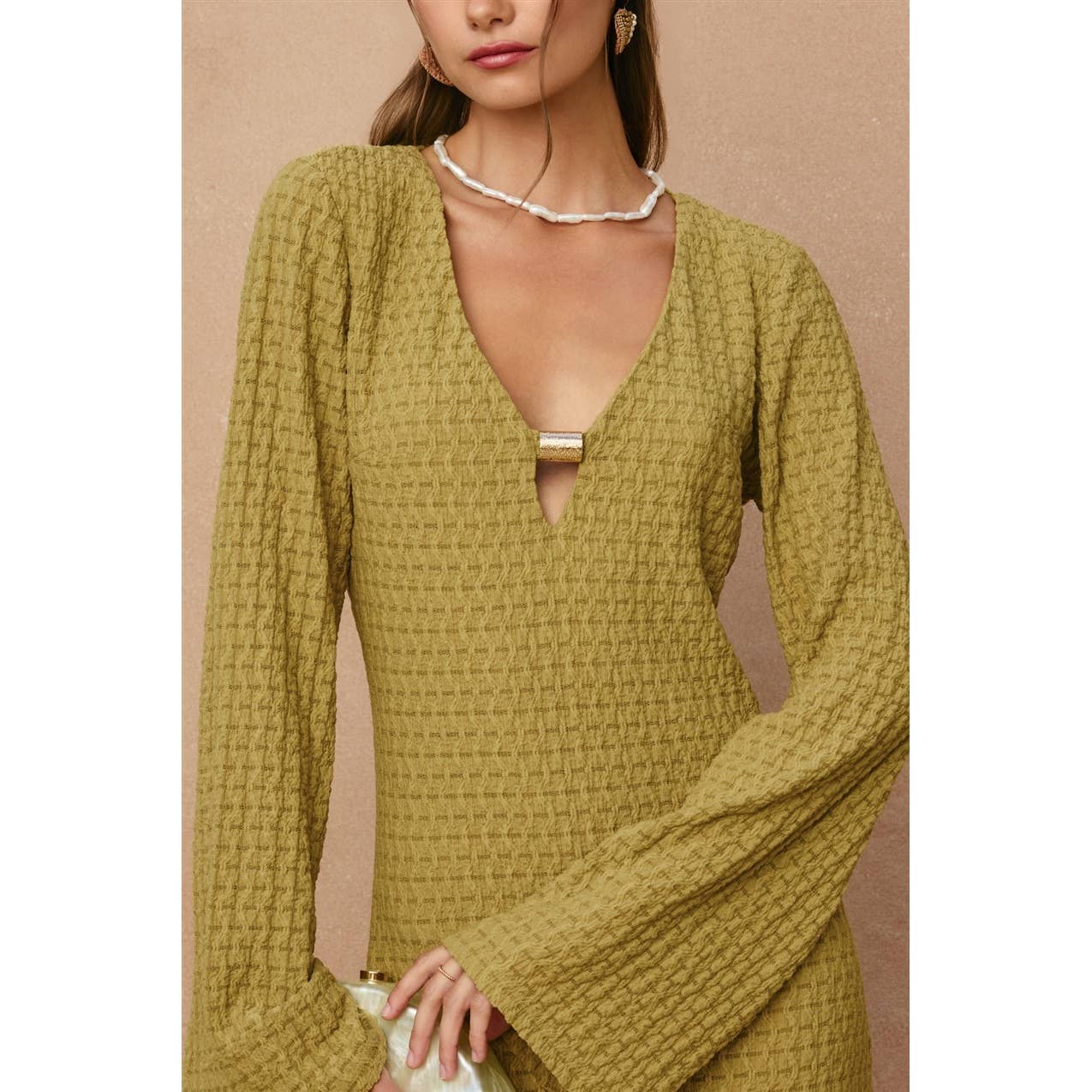 Ecru Escape Gold Trim Bell Sleeve Maxi Dress - Salt &amp; Creek