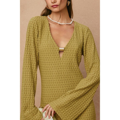 Ecru Escape Gold Trim Bell Sleeve Maxi Dress - Salt &amp; Creek