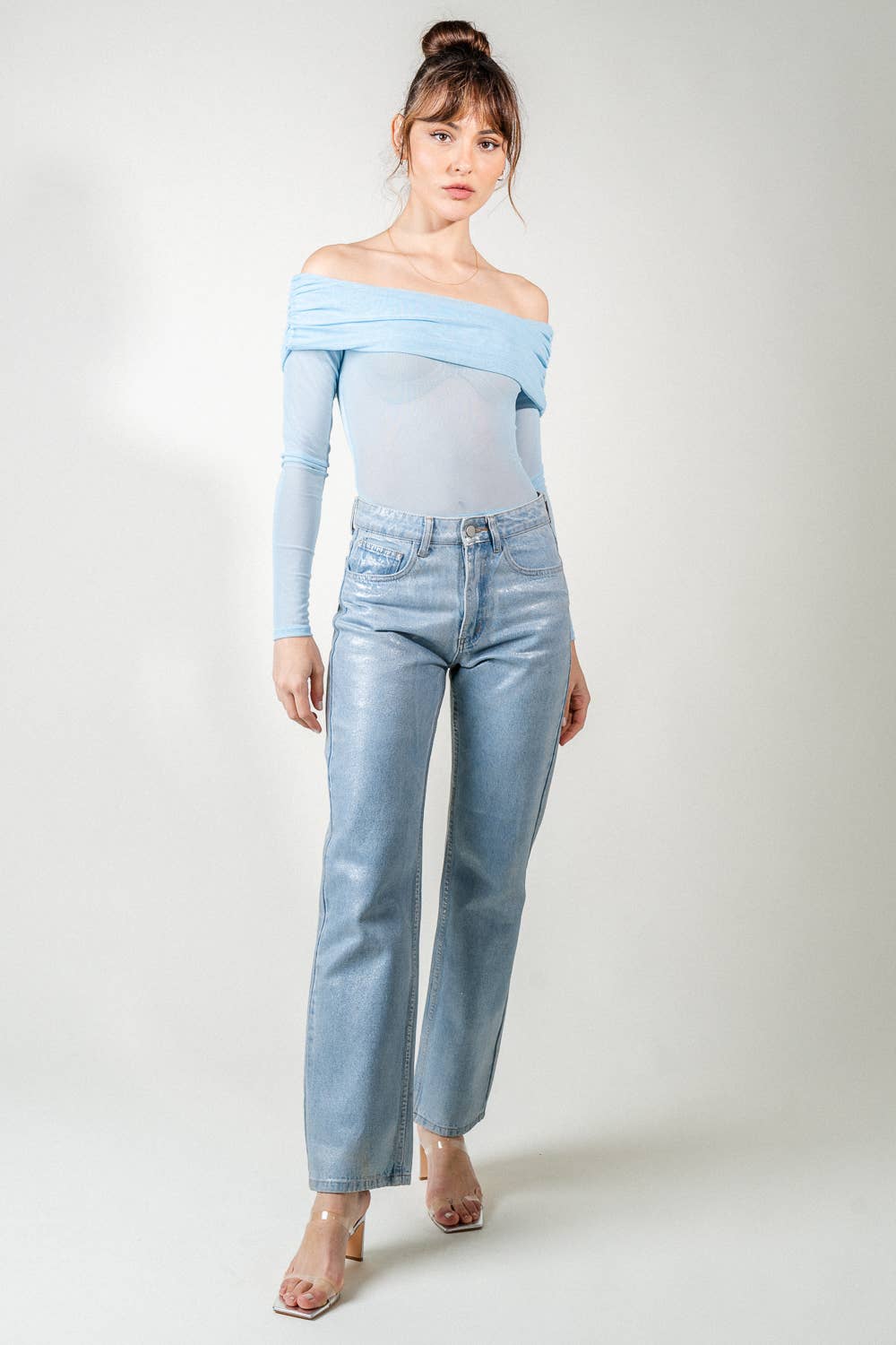 RUCHED OFF SHOULDER LONG SLV MESH BODYSUIT- PD6466FO - Salt &amp; Creek