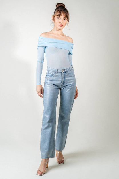 RUCHED OFF SHOULDER LONG SLV MESH BODYSUIT- PD6466FO - Salt &amp; Creek