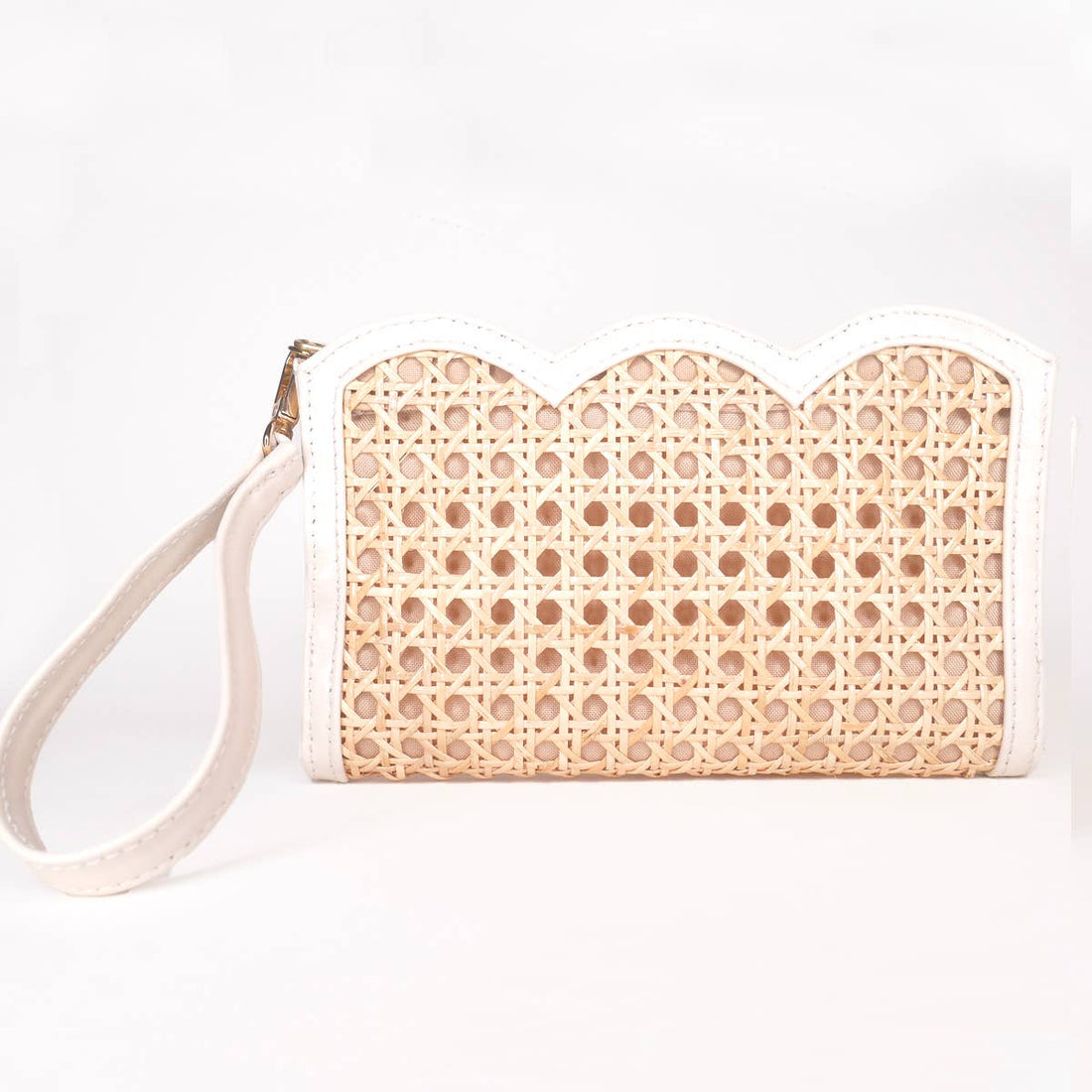 Woven Rattan &amp; Leather Scallop Edge Wristlet Pouch | Summer - Salt &amp; Creek