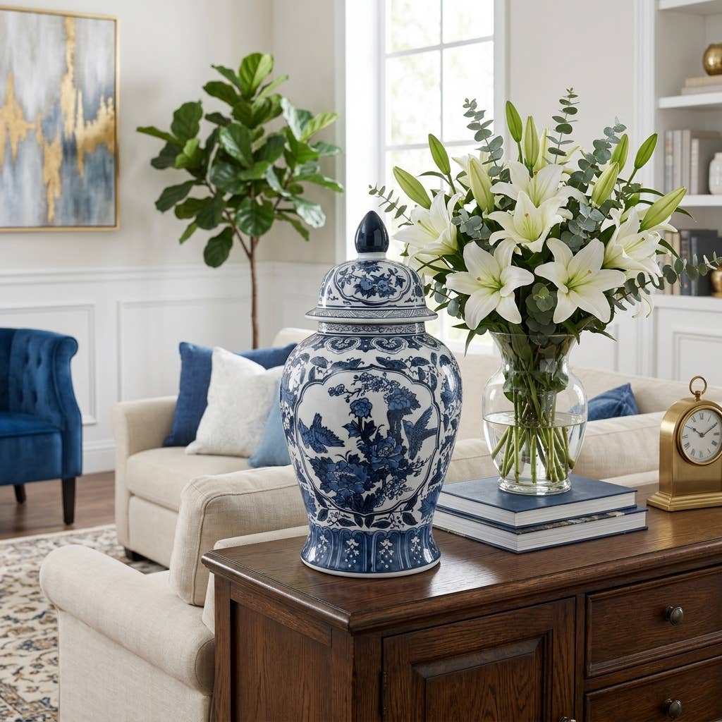 Tall Blue Flowers Temple Jar