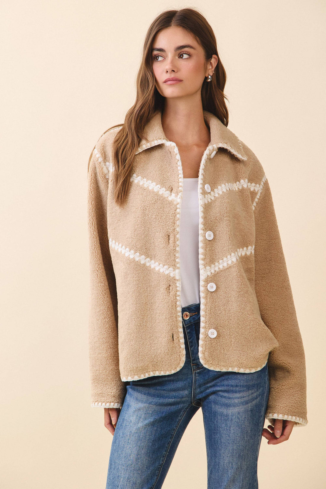 Contrast Whipstitch Detail Sherpa Cozy Jacket - Salt &amp; Creek