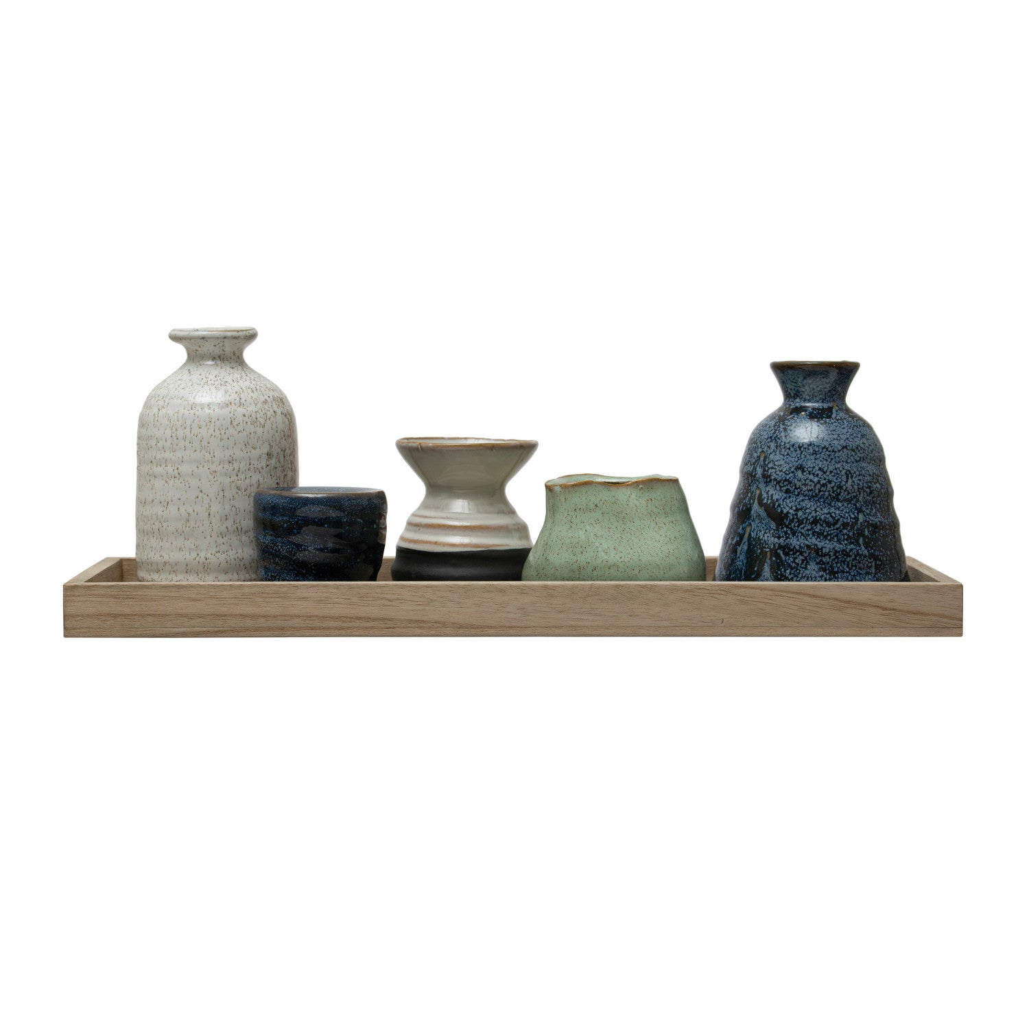 Mango Wood Tray w/ 1 Taper Holder &amp; 4 Vases, Set of 6 (Each One Will Vary)