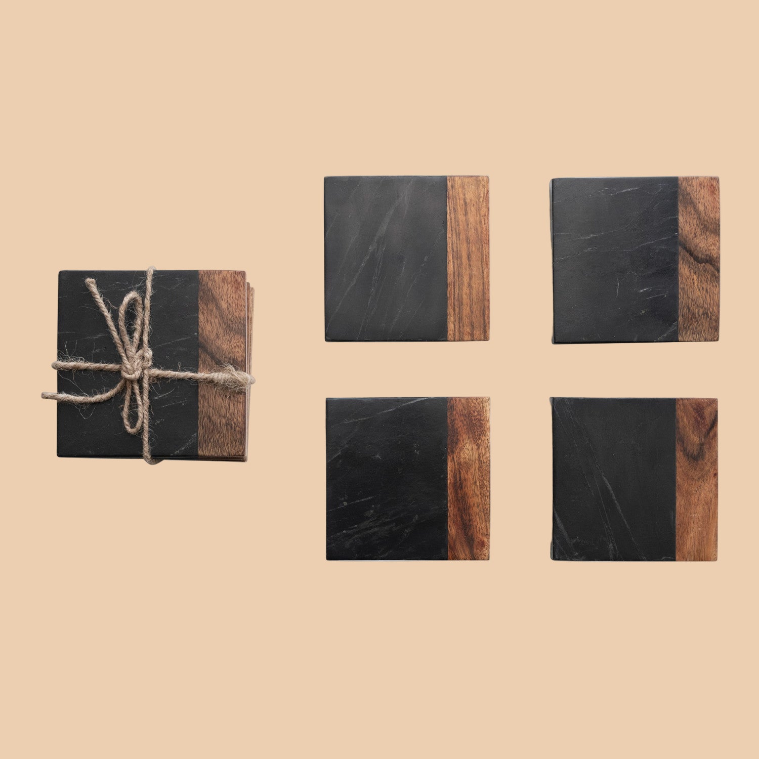 Marble &amp; Acacia Wood Coasters, Black &amp; Natural, Set of 4