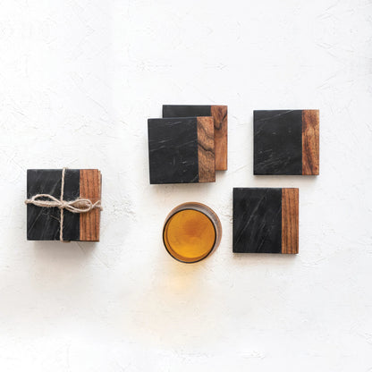 Marble &amp; Acacia Wood Coasters (Set of 4)