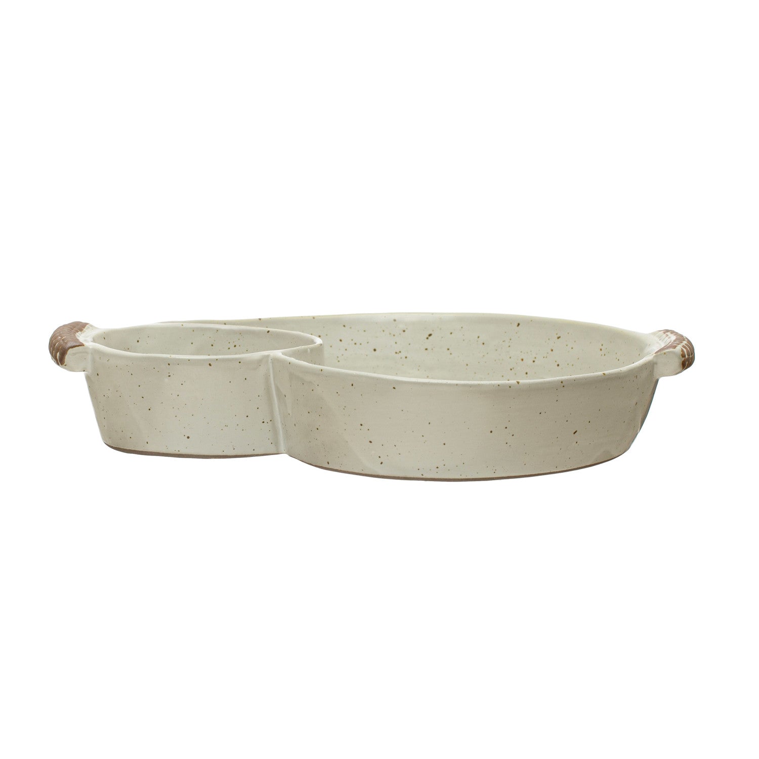 Stoneware Dish w/ 2 Sections &amp; Handles, Reactive Glaze, Cream Color (Each One Will Vary)