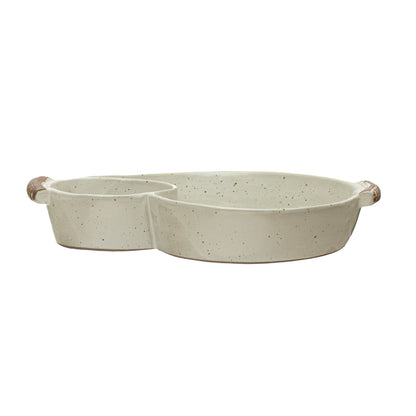 Stoneware Dish w/ 2 Sections &amp; Handles, Reactive Glaze, Cream Color (Each One Will Vary)