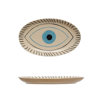 Hand-Painted Stoneware Platter w/ Evil Eye, Black &amp; Blue