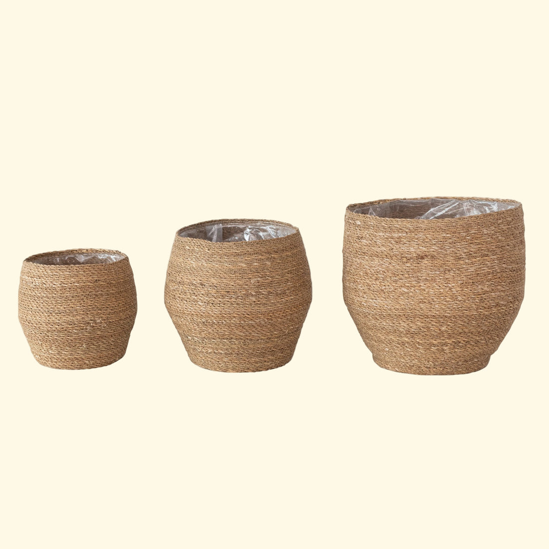 Decorative Woven Seagrass Baskets w/ Plastic Lining, Set of 3