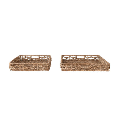 Decorative Hand-Woven Water Hyacinth &amp; Rattan Trays w/ Handles, Set of 2