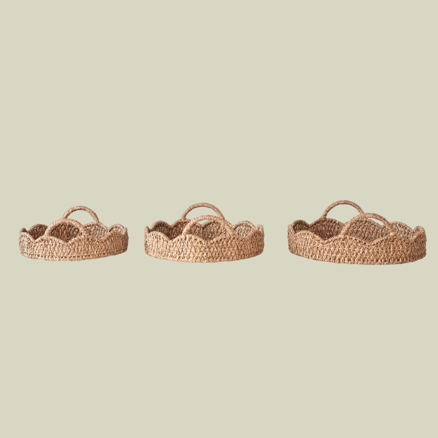 Decorative Braided Bankuan &amp; Rattan Trays w/ Scalloped Edge &amp; Handles, Set of 3