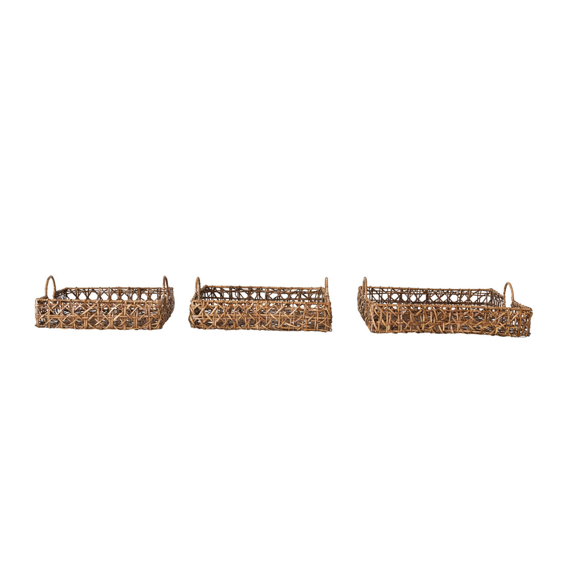 Decorative Hand-Woven Rattan Trays w/ Handles, Set of 3