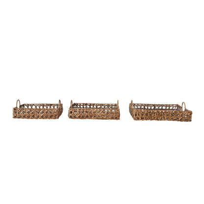 Decorative Hand-Woven Rattan Trays w/ Handles, Set of 3
