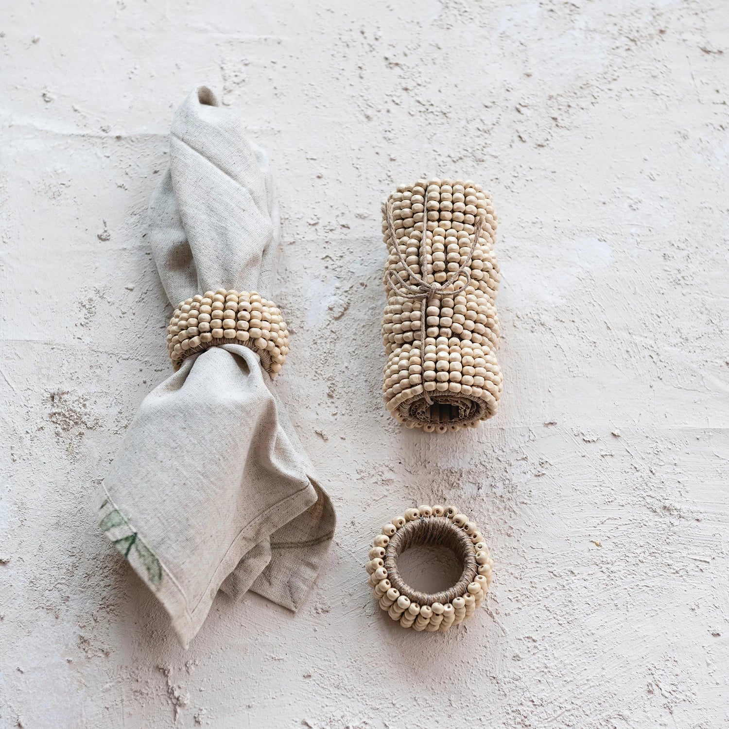 Mango Wood Bead &amp; Jute Napkin Rings